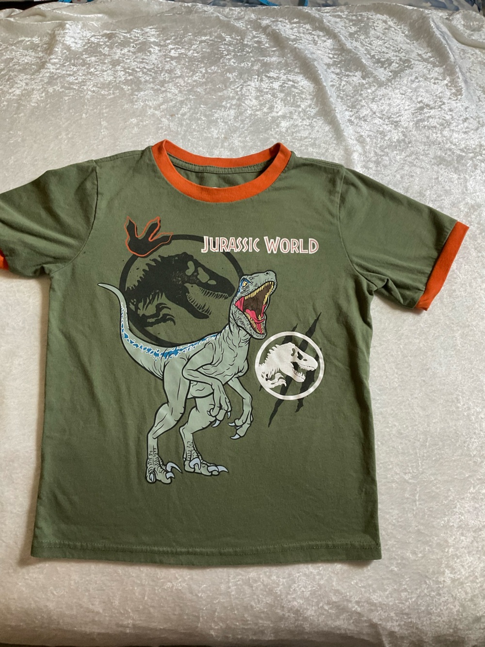 Jurassic World Olive Green Dino Ringer Tee with Orange Trim